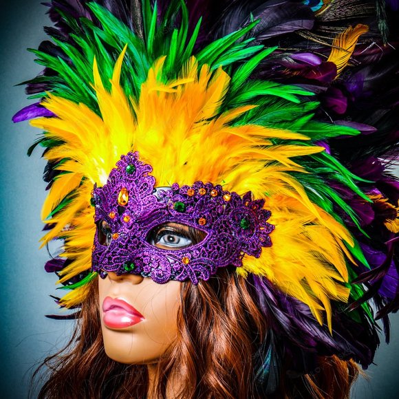 Women Mardi Gras Carnival Masquerade Large Top Feather Party Eye Mask - Picture 2 of 7